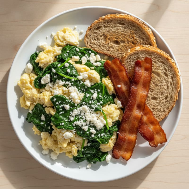 Crispy Turkey Bacon and Egg White Scramble with Sautéed Spinach