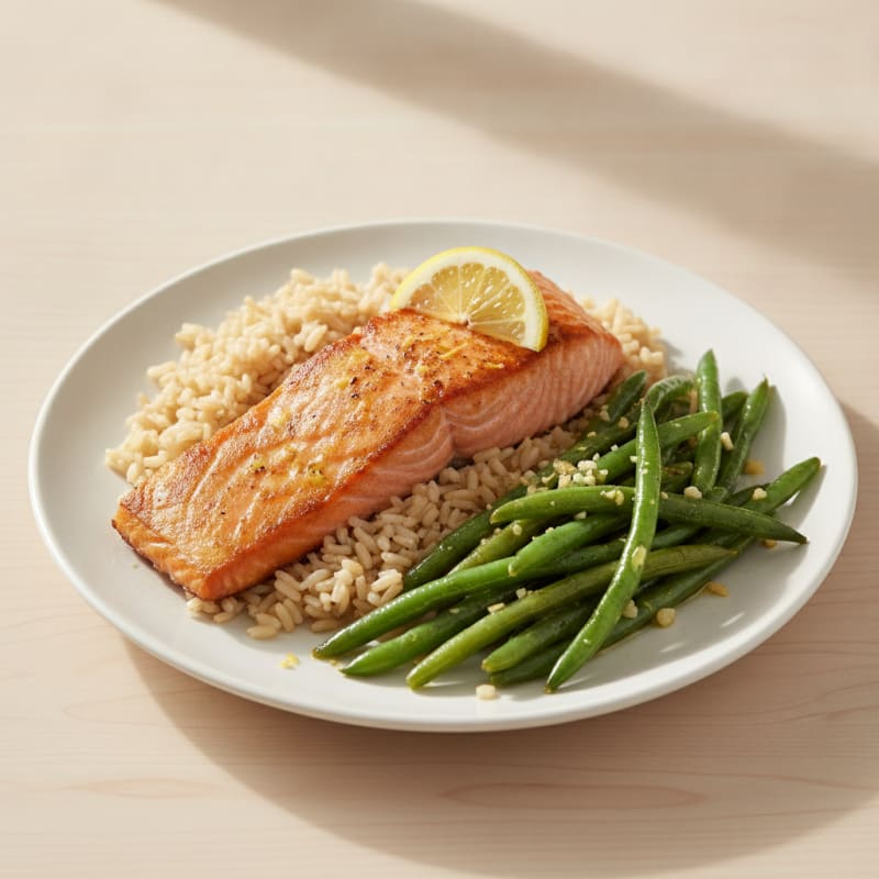 Seared Salmon with Garlic Green Beans and Brown Rice