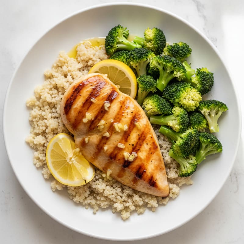 Grilled Lemon-Garlic Chicken Breast with Steamed Broccoli and Quinoa