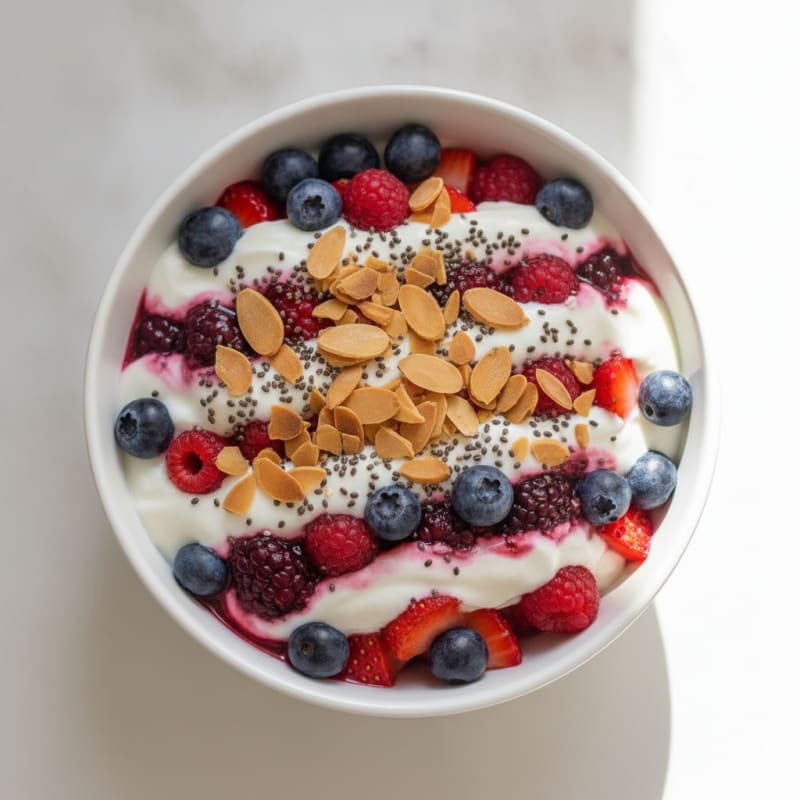 Greek Yogurt Protein Parfait with Mixed Berries and Almonds