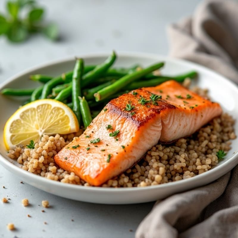 Seared Salmon with Steamed Green Beans and Brown Rice