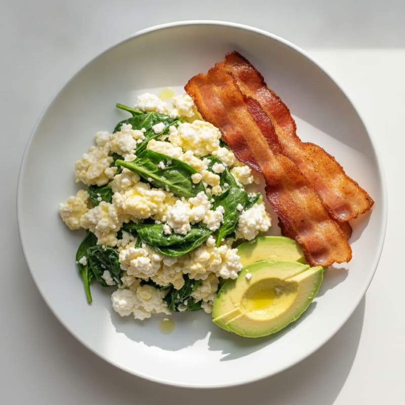 Cottage Cheese Scramble with Spinach and Turkey Bacon