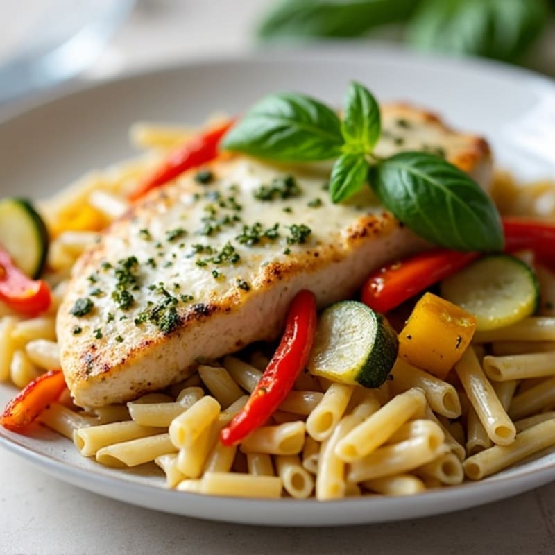 Creamy Pesto Chicken with Whole Wheat Pasta and Roasted Veggies