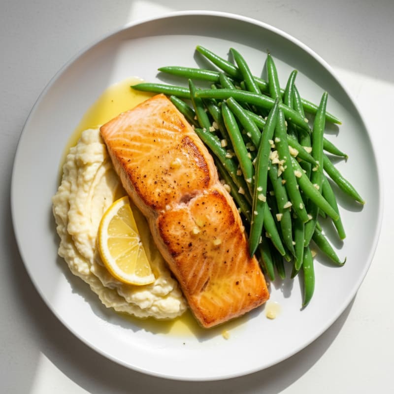 Seared Salmon with Steamed Green Beans and Mashed Cauliflower