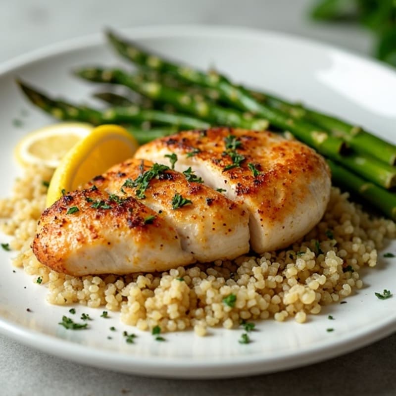 Crispy Lemon-Herb Roasted Chicken with Roasted Asparagus and Fluffy Quinoa