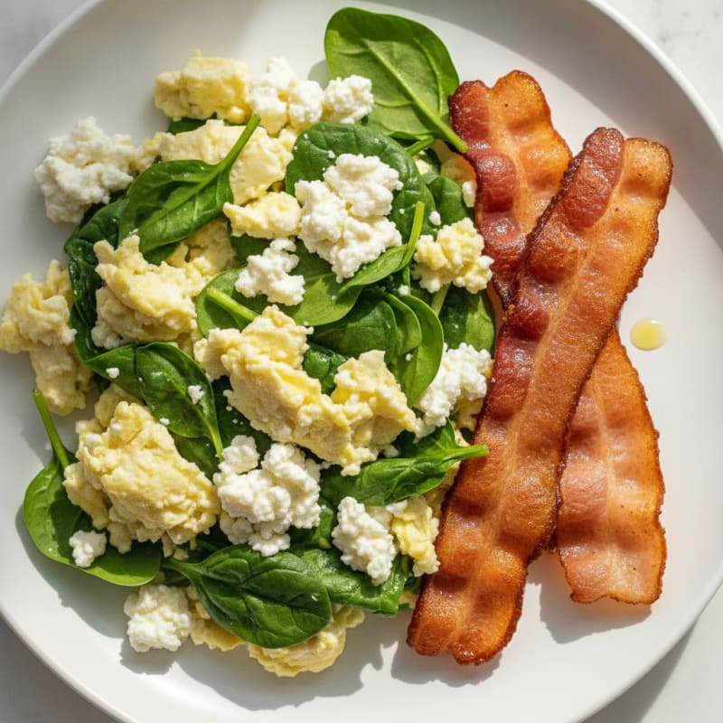 Egg White Spinach Scramble with Cottage Cheese and Turkey Bacon