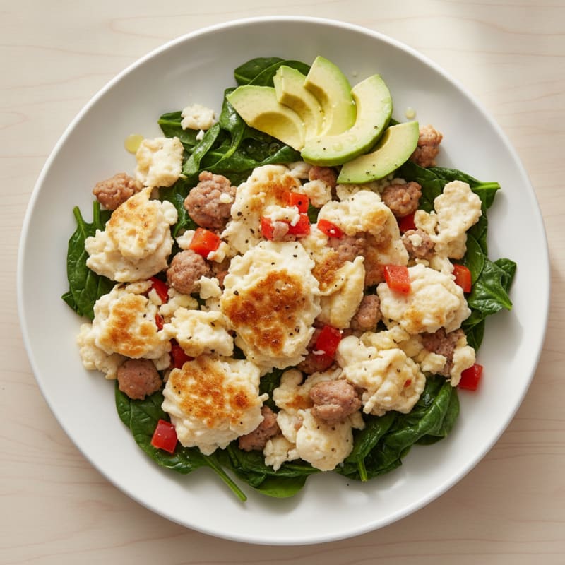 Egg White and Turkey Sausage Scramble with Sautéed Spinach