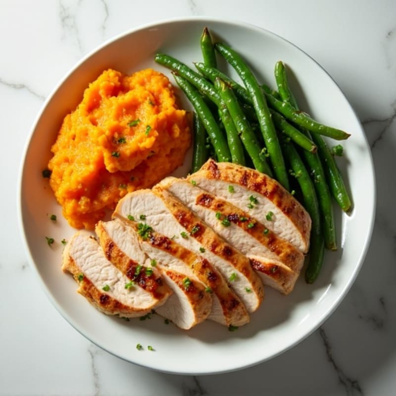 Seared Turkey Breast with Garlic Green Beans and Sweet Potato Mash