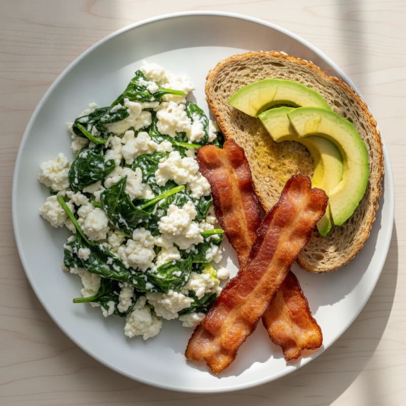 Egg White Spinach Scramble with Cottage Cheese and Turkey Bacon