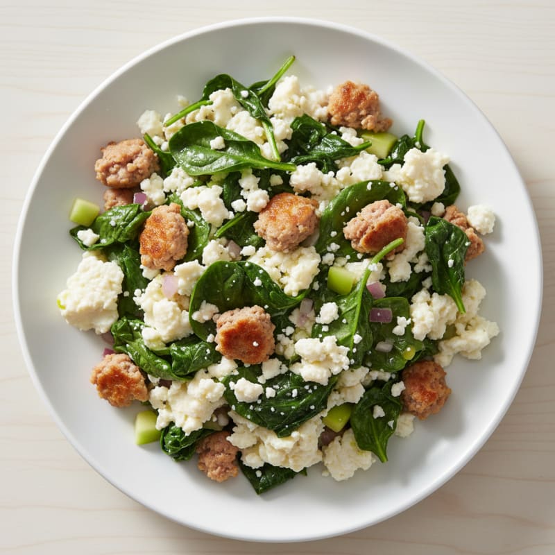 Egg White and Turkey Sausage Scramble with Sautéed Spinach