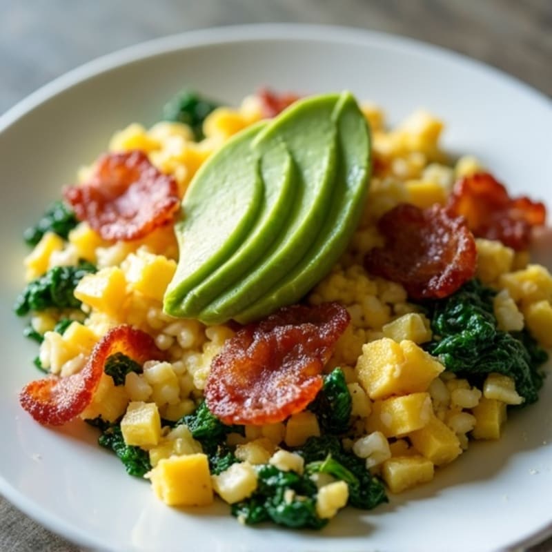 Cottage Cheese Egg Scramble with Sautéed Spinach and Turkey Bacon