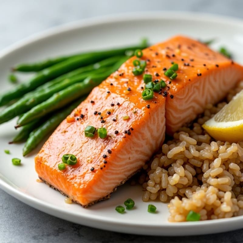 Seared Salmon Fillet with Garlic Green Beans and Brown Rice