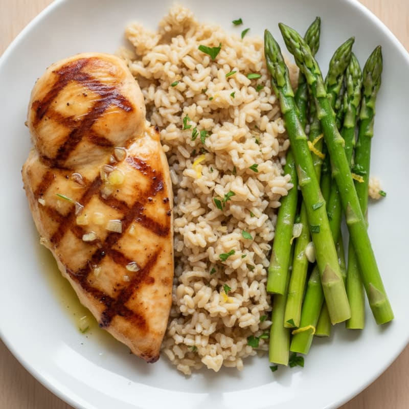 Grilled Chicken Breast with Brown Rice and Asparagus