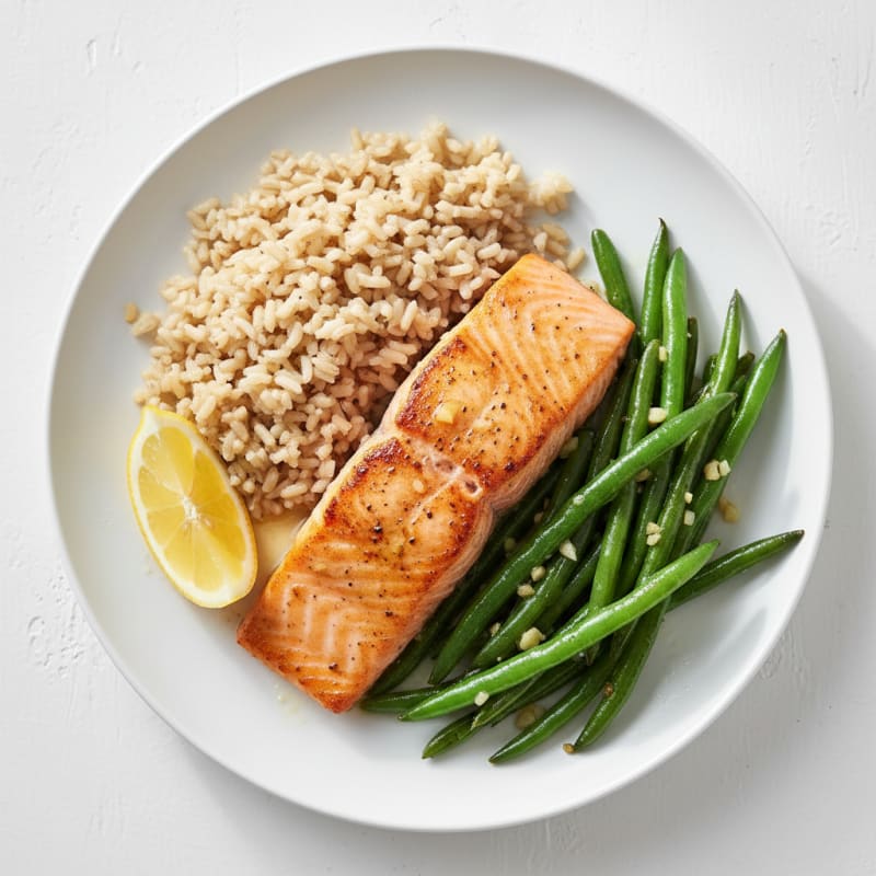 Seared Salmon with Garlic Green Beans and Brown Rice