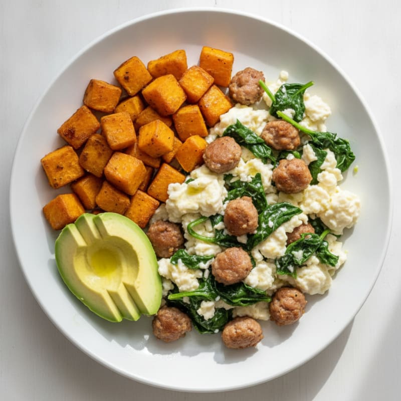 Egg White and Turkey Sausage Scramble with Spinach and Roasted Sweet Potato