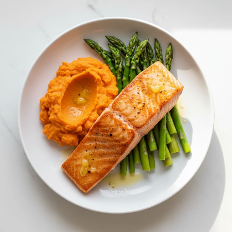Seared Salmon with Steamed Asparagus and Sweet Potato Mash