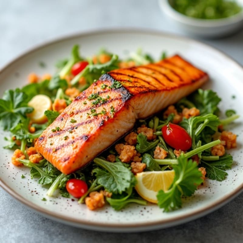 Grilled Salmon Salad with Crunchy Pickled Vegetables and Kimchi
