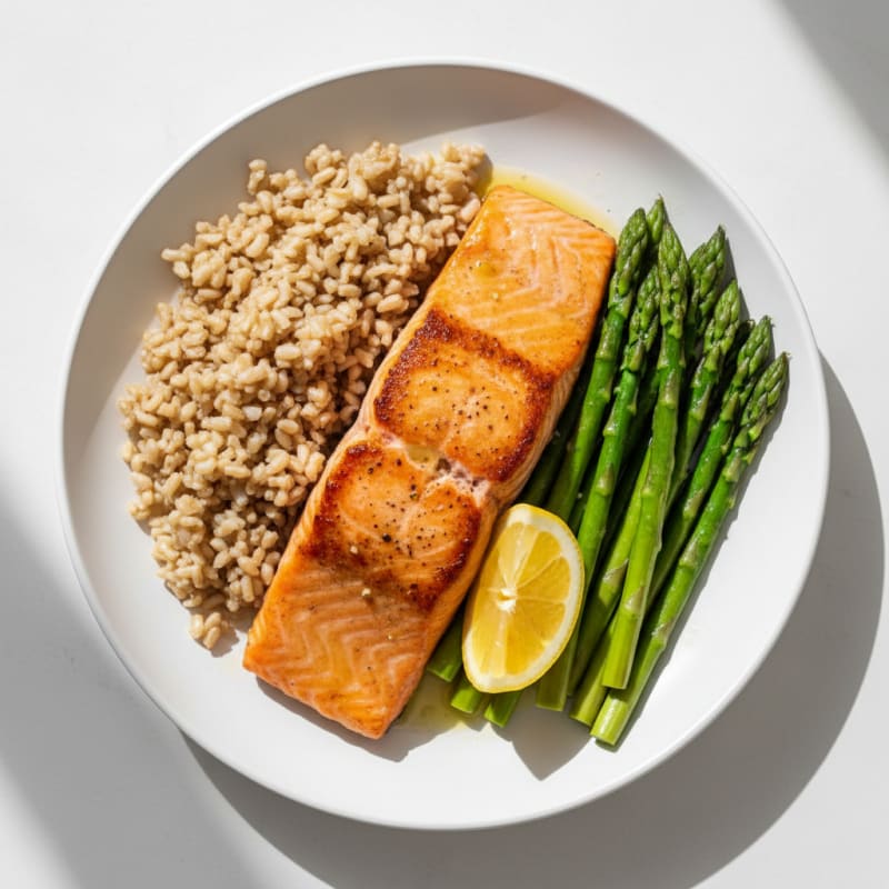 Seared Salmon with Steamed Asparagus and Brown Rice