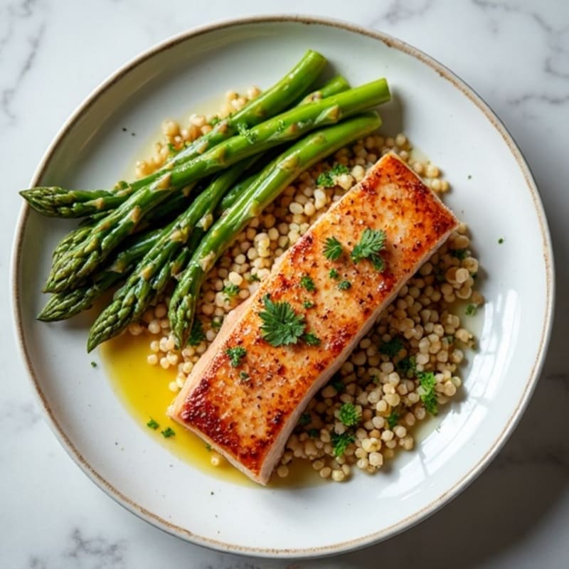 Pan-Seared Tuna with Crispy Roasted Asparagus and Lemon-Herb Quinoa