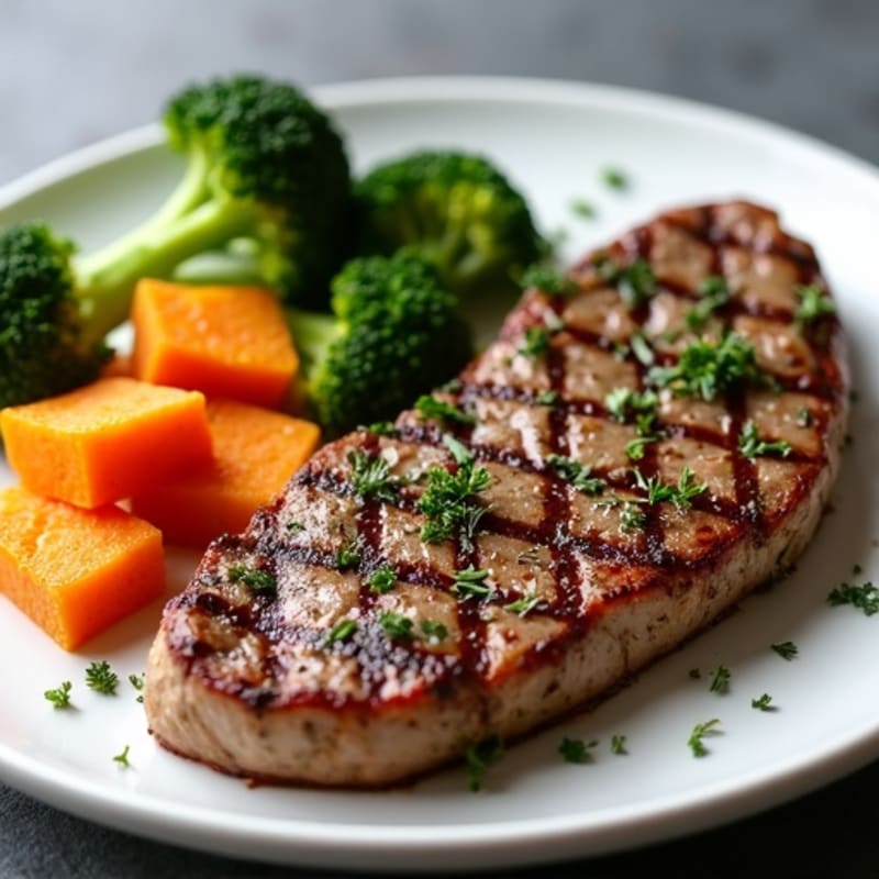 Herb-Crusted Steak with Roasted Sweet Potatoes and Broccoli