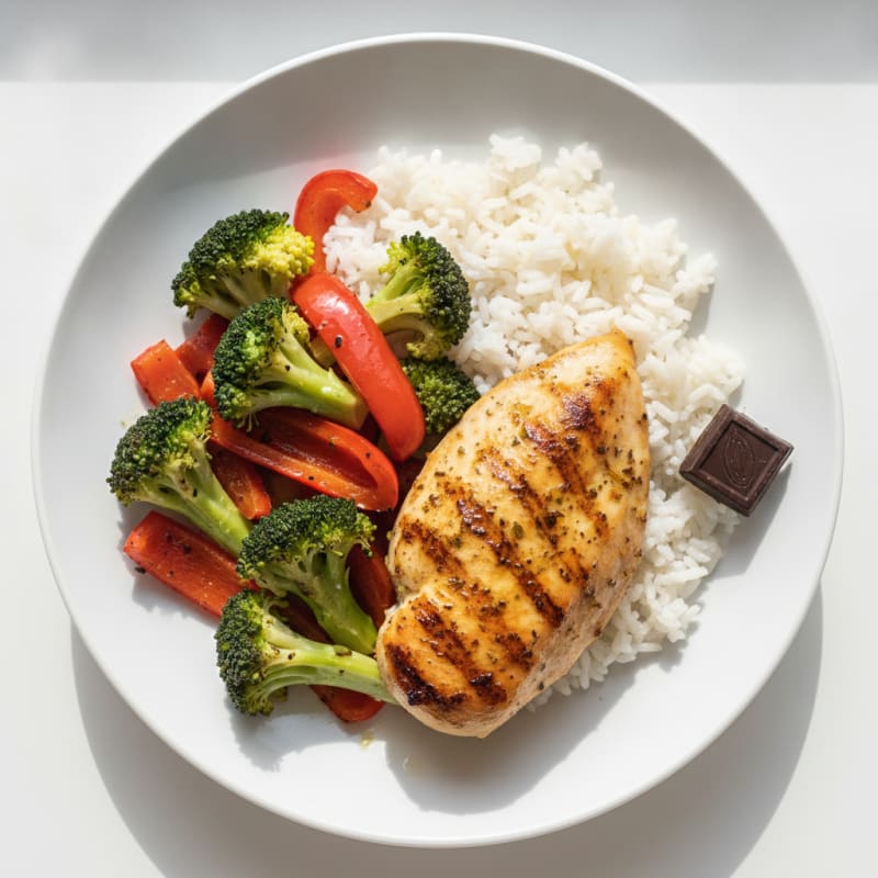 Grilled Chicken Breast with Steamed Rice and Roasted Vegetables