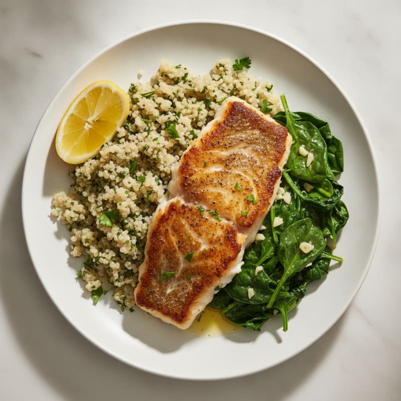 Pan-Seared White Fish with Herb Quinoa and Sautéed Spinach