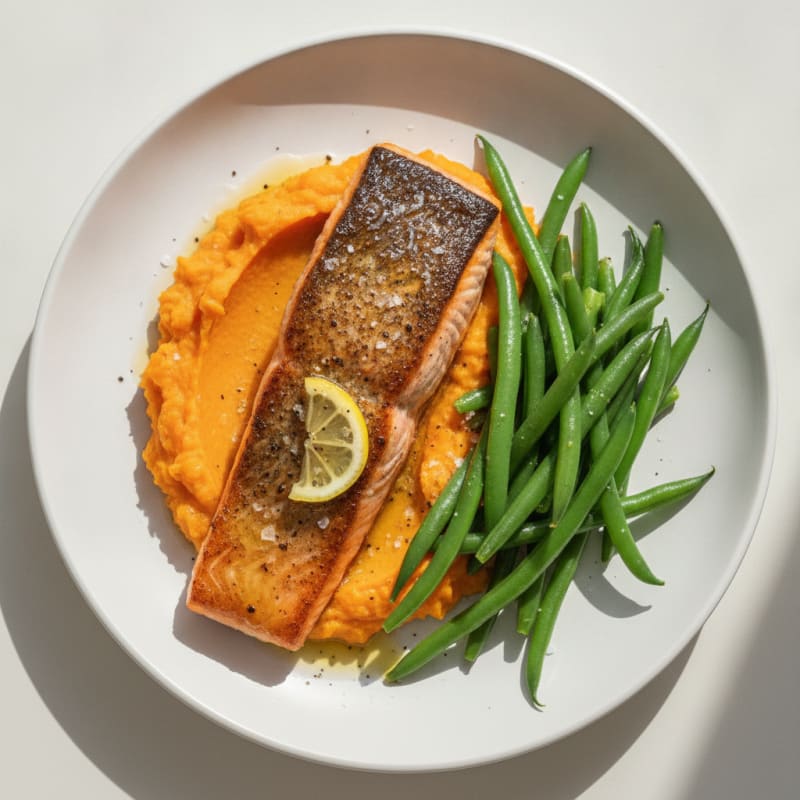 Seared Salmon Fillet with Steamed Green Beans and Sweet Potato Mash