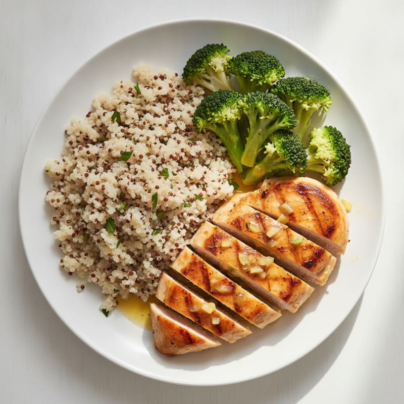 Grilled Lemon Garlic Chicken Breast with Quinoa and Steamed Broccoli