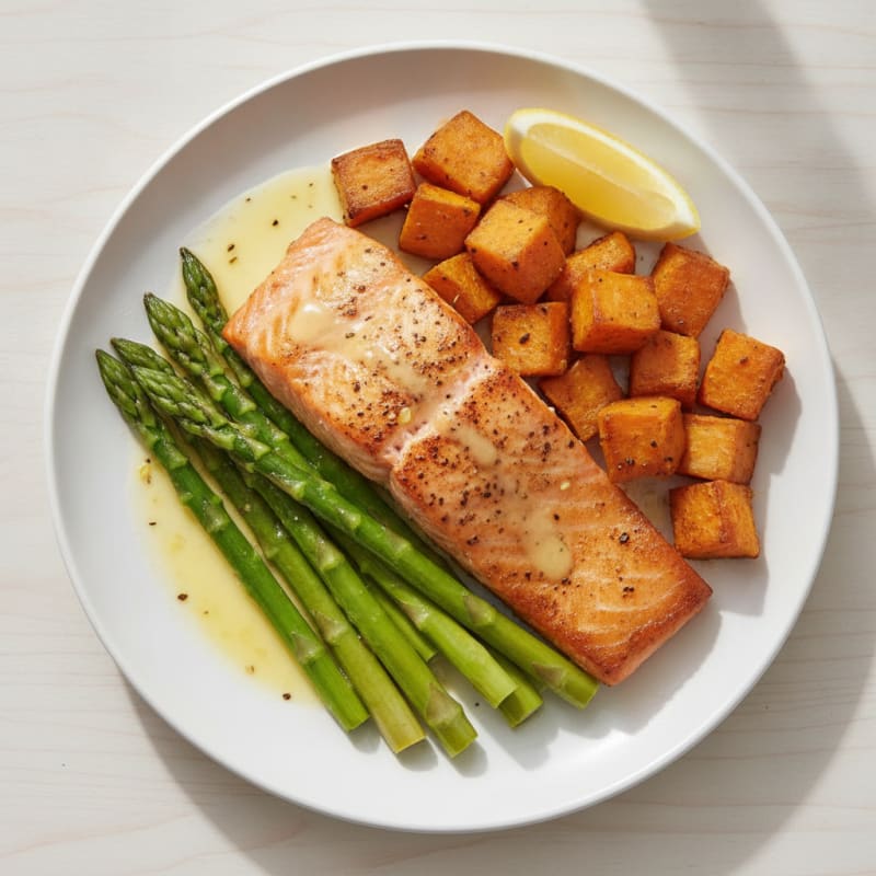 Seared Salmon Fillet with Roasted Sweet Potatoes and Asparagus