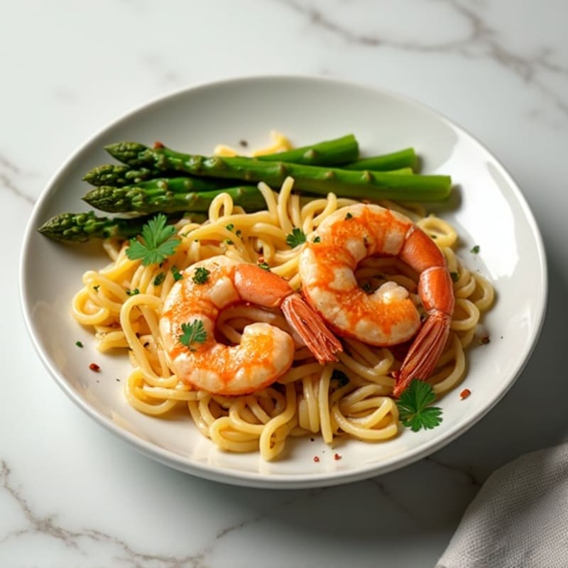 Garlic Herb Pan-Seared Prawns with Whole Wheat Pasta and Tender Roasted Asparagus