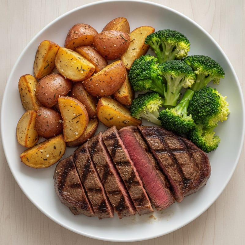 Grilled Steak with Roasted Potatoes and Steamed Broccoli