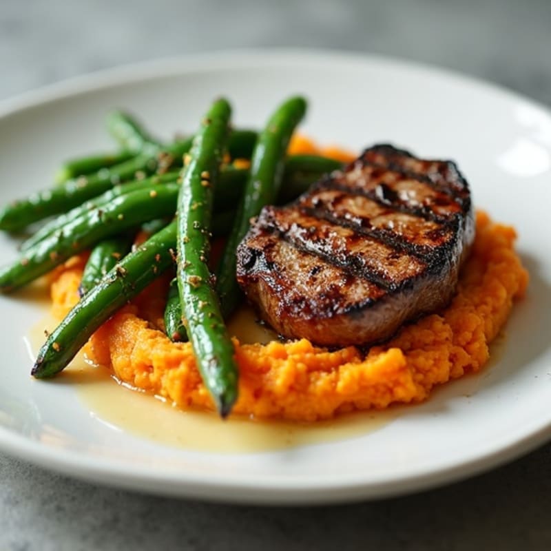 Grilled Steak with Garlic Green Beans and Sweet Potato Mash