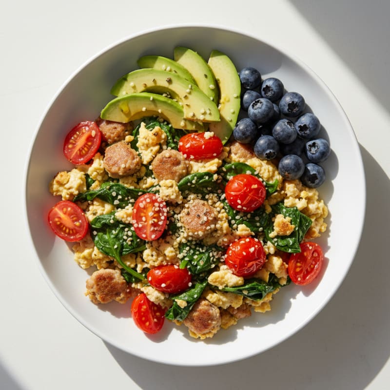Egg White and Turkey Sausage Scramble with Sautéed Spinach and Cherry Tomatoes