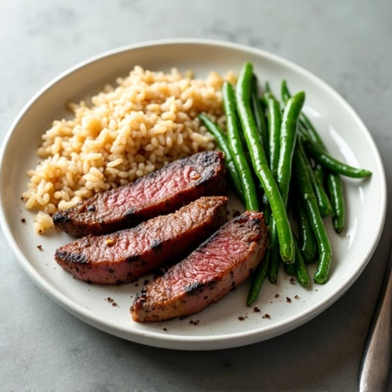Seared Beef Strips with Garlic Green Beans and Brown Rice