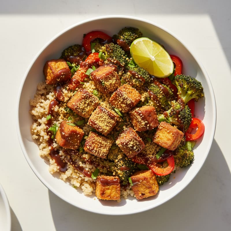 Crispy Tempeh Power Bowl with Quinoa and Roasted Vegetables