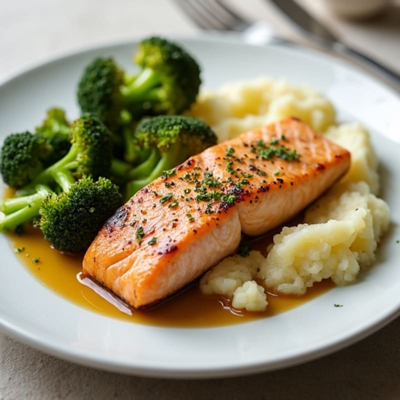 Seared Salmon with Roasted Broccoli and Garlic Mash