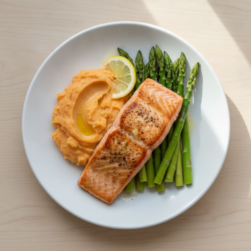 Seared Salmon with Steamed Asparagus and Mashed Sweet Potato