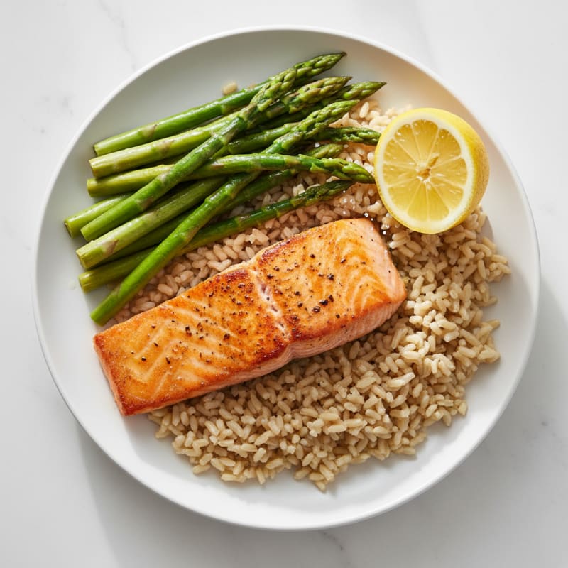 Seared Salmon Fillet with Steamed Asparagus and Brown Rice