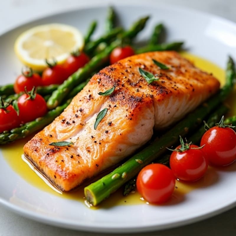 Crispy Sheet Pan Salmon with Roasted Asparagus and Cherry Tomatoes