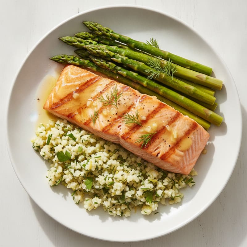 Seared Salmon with Steamed Asparagus and Lemon-Herb Cauliflower Rice