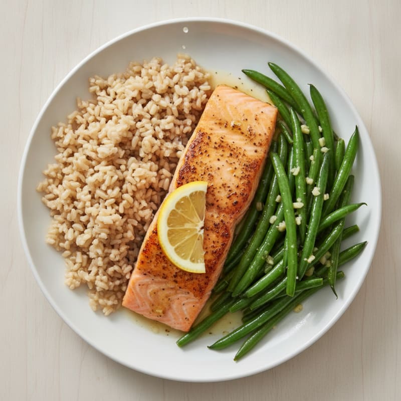 Seared Salmon with Garlic Green Beans and Brown Rice