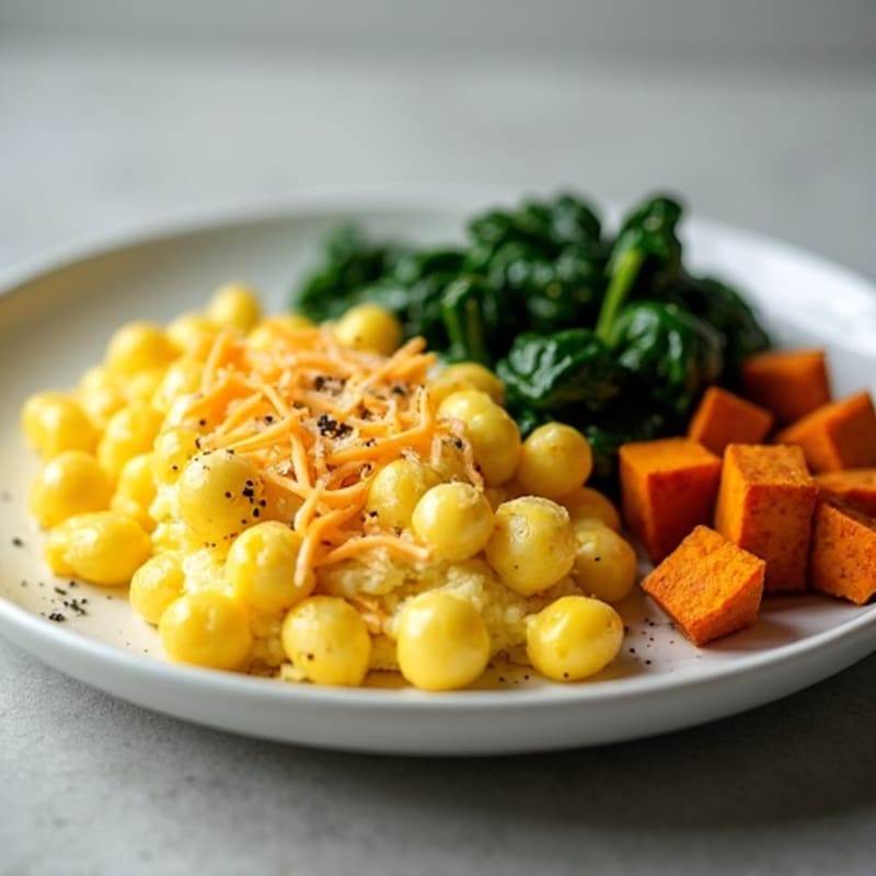 Fluffy Scrambled Eggs with Sautéed Greens and Sweet Potato