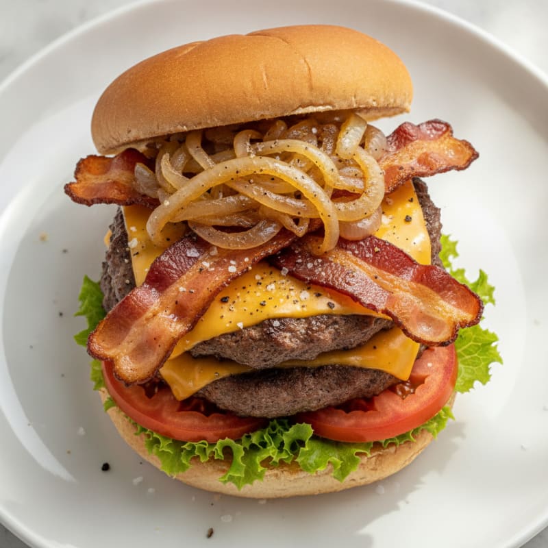 Double Bacon Cheeseburger with Caramelized Onions