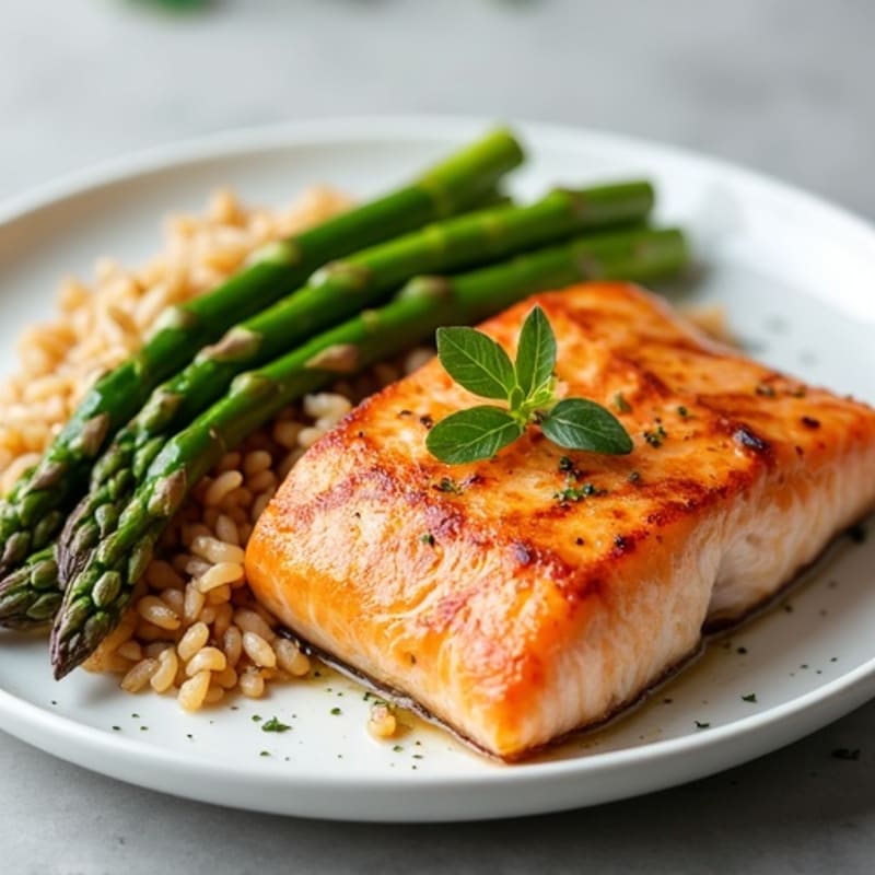 Seared Salmon Fillet with Steamed Asparagus and Brown Rice