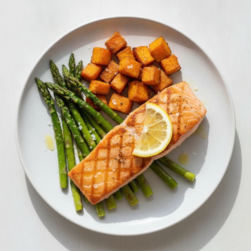 Seared Salmon with Roasted Sweet Potato and Asparagus