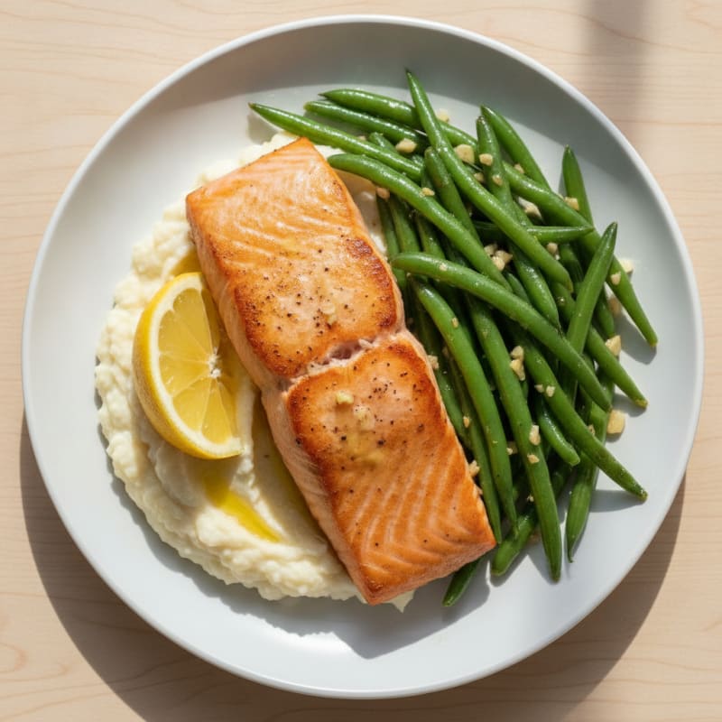 Seared Salmon Fillet with Garlic Green Beans and Cauliflower Mash