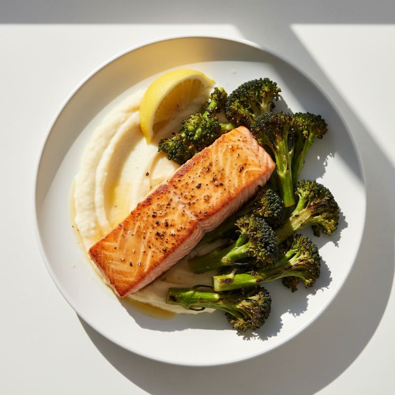Seared Salmon with Roasted Broccoli and Garlic Mash