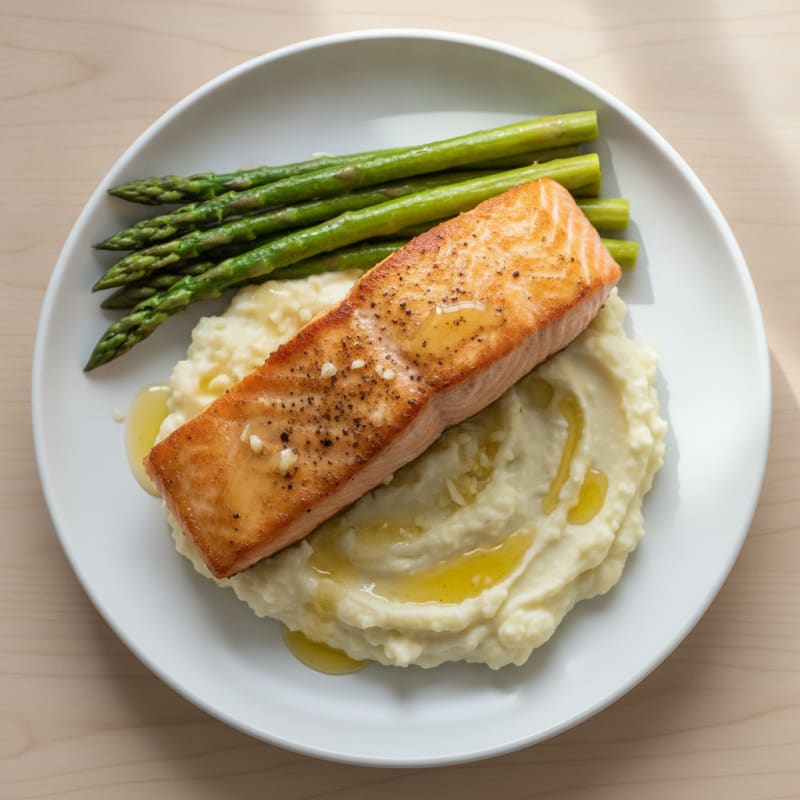 Seared Salmon Fillet with Steamed Asparagus and Garlic Mashed Cauliflower