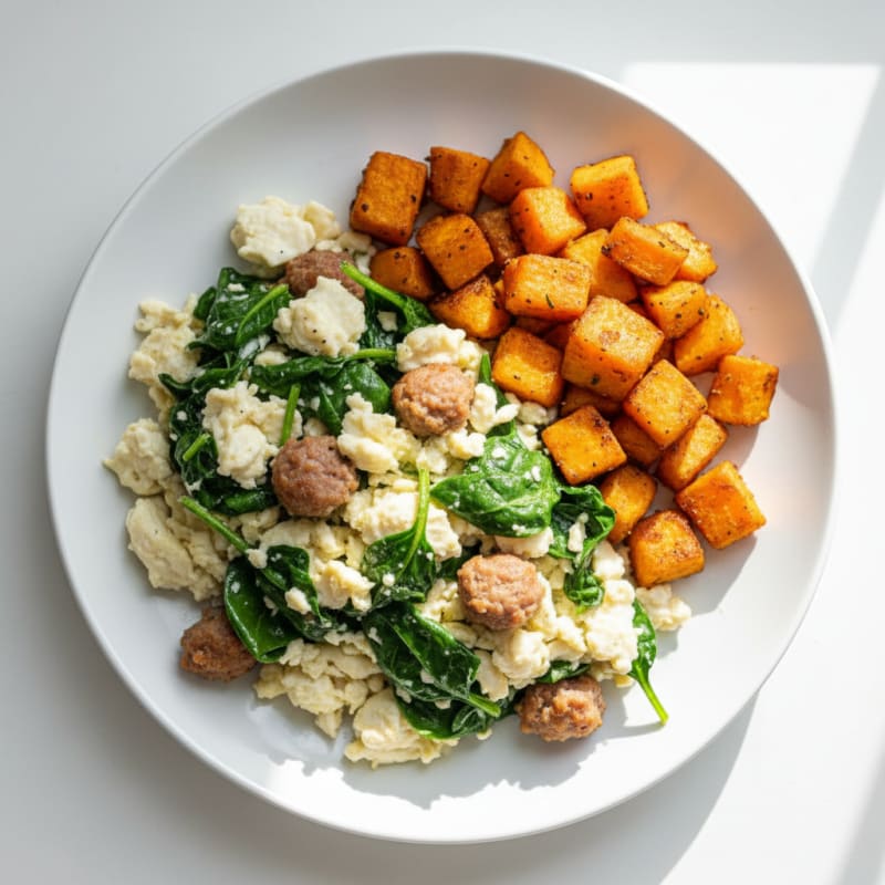 Egg White Spinach Scramble with Turkey Sausage and Roasted Sweet Potato