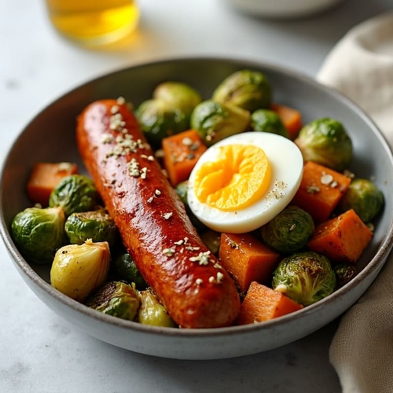 Smoked Sausage and Crispy Roasted Brussels Sprouts with Sweet Potatoes